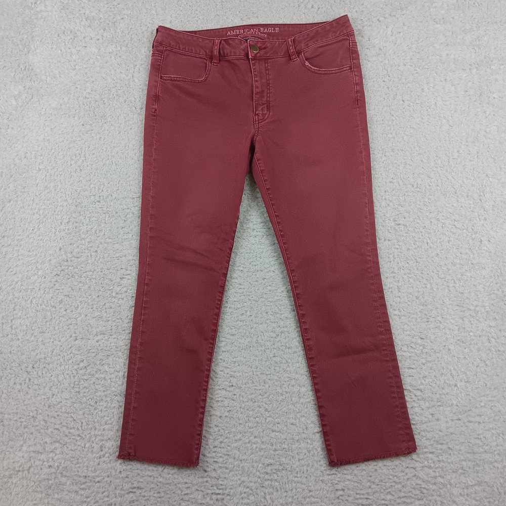 American Eagle Jegging Crop Women 14 Burgundy Red Super Super Stretch‎ Raw Hem